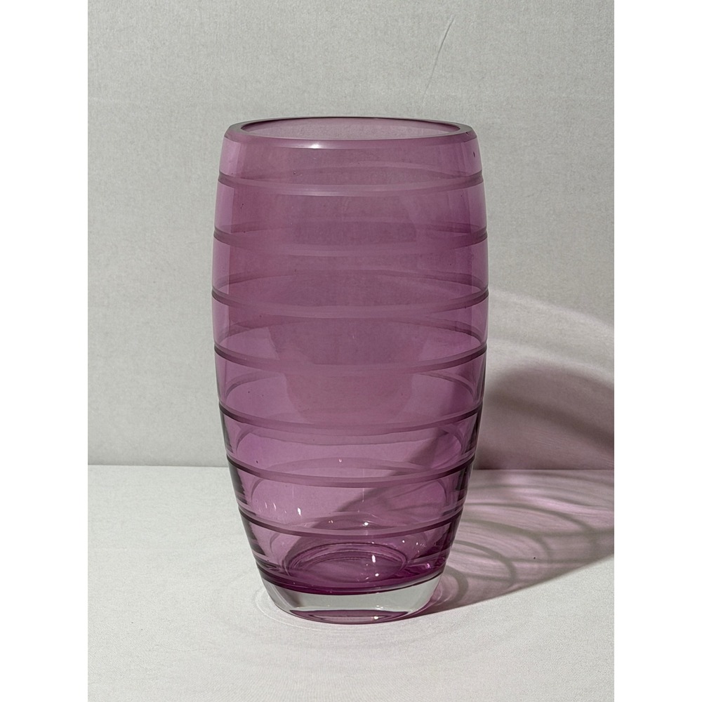 Teleflora Purple Pink Glass Barrel Vase with Etched Frosted Horizontal Bands 8"